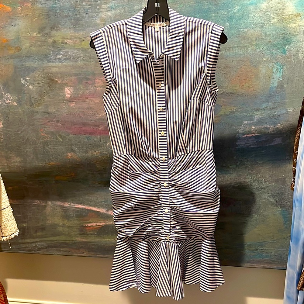 Veronica Beard sleeveless collar blue striped dress with buttons.